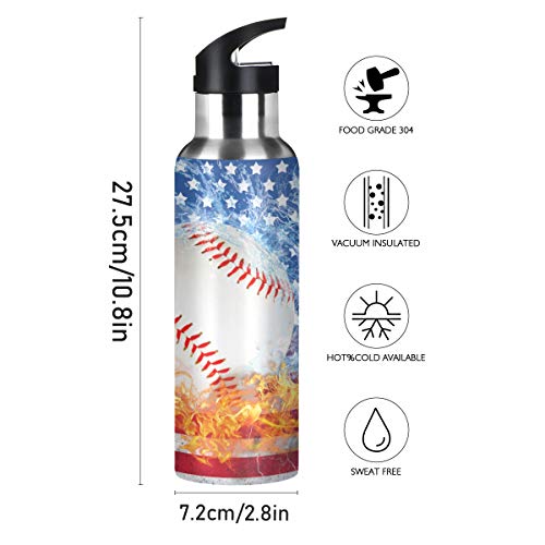ZOEO Blue Baseball US Flag Water Bottle with Straw Lid Boys Insulated Stainless Steel Water Flask Sports, 20 Oz Hot Cold - Image 3