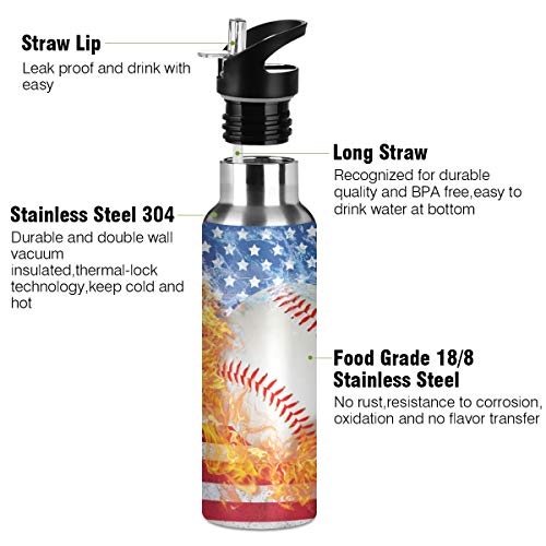 ZOEO Blue Baseball US Flag Water Bottle with Straw Lid Boys Insulated Stainless Steel Water Flask Sports, 20 Oz Hot Cold - Image 4