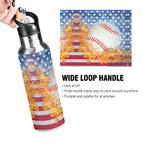 ZOEO Blue Baseball US Flag Water Bottle with Straw Lid Boys Insulated Stainless Steel Water Flask Sports, 20 Oz Hot Cold - Image 5