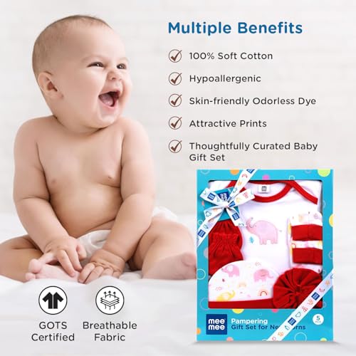 Mee Mee New Born Baby Gift Set | Soft Cotton Clothing Essentials for Infants/Baby Girls, Boys | Baby Shower Clothing Hamper (5 Pieces, Red)| Ideal Gift for New Born Baby - Image 5