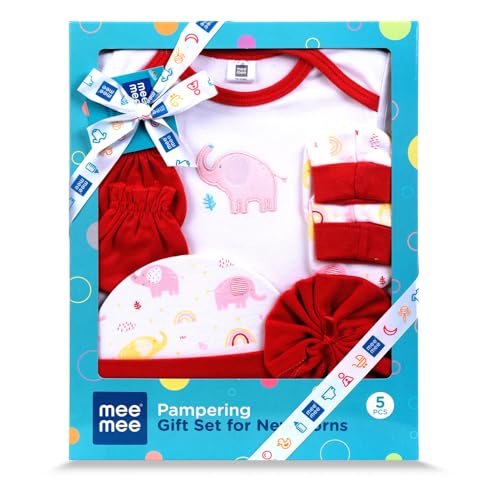 Mee Mee New Born Baby Gift Set | Soft Cotton Clothing Essentials for Infants/Baby Girls, Boys | Baby Shower Clothing Hamper (5 Pieces, Red)| Ideal Gift for New Born Baby - Image 1