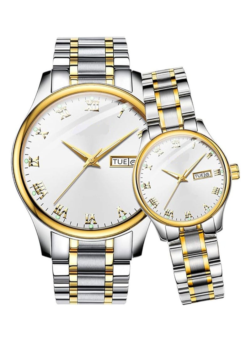 Beauenty Couple Pair Quartz Watches Luminous Calendar Date Window 3ATM Waterproof, Casual Stainless Steel His and Hers Wristwatch for Men Women Lovers Wedding Romantic Gifts Set of 2 - Image 1