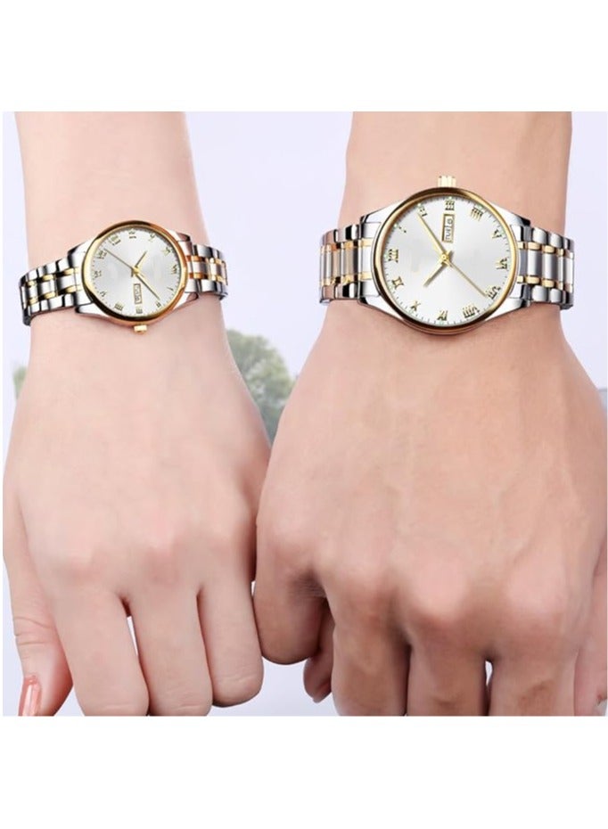 Beauenty Couple Pair Quartz Watches Luminous Calendar Date Window 3ATM Waterproof, Casual Stainless Steel His and Hers Wristwatch for Men Women Lovers Wedding Romantic Gifts Set of 2 - Image 3
