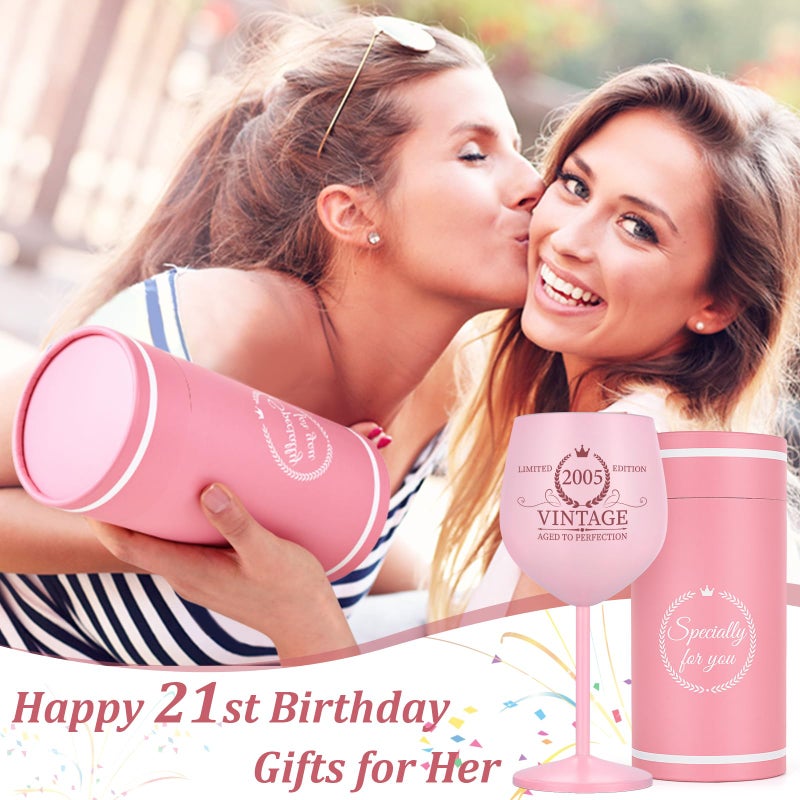 Lifecapido 21st Birthday Gifts for Her, Vintage 2005 Stainless Steel Wine Glass with Wine Bag and Card, 21 Bday Gifts, 21 Year Old Birthday Decorations for Women Daughter Sister Friends - Image 2
