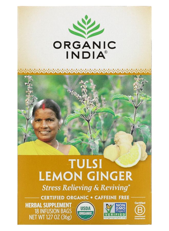 Organic India Tulsi Tea Lemon Ginger Caffeine-Free 18 Infusion Bags 1.27 oz (36 g) 
