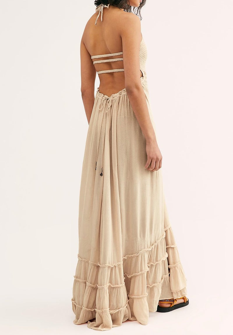 R.Vivimos Womens Summer Boho Sexy Backless Long Dresses (Medium, Apricot) - Image 2