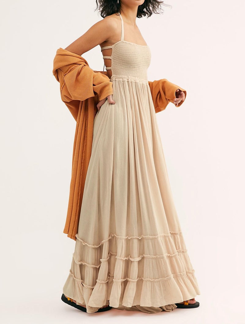 R.Vivimos Womens Summer Boho Sexy Backless Long Dresses (Medium, Apricot) - Image 3