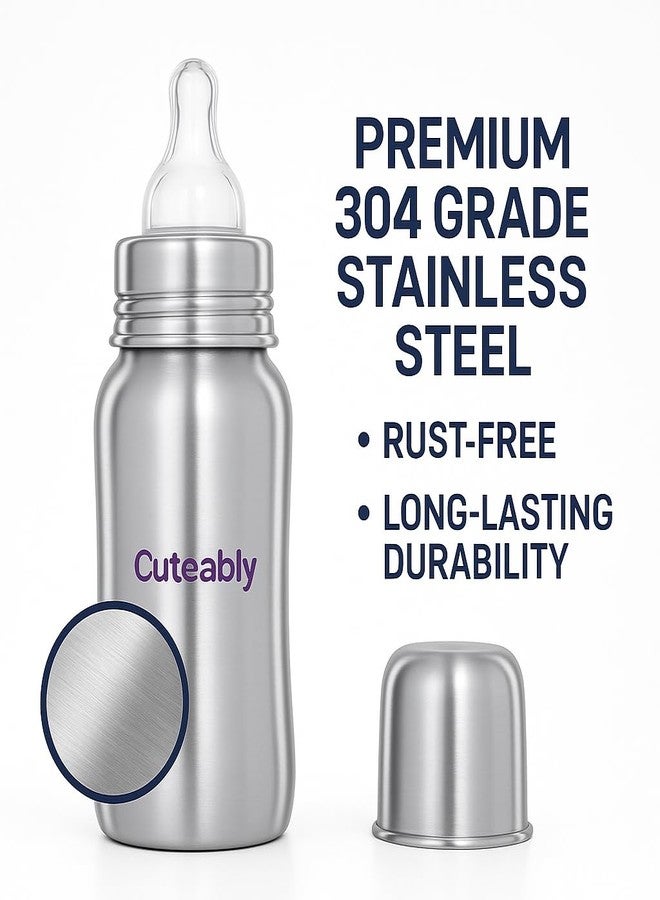 Cuteably Stainless Steel Wide Mouth Bottle | Anti-Colic Nipple Baby | Rust-Free BPA-Free Bottles for Newborn (150 ML) - Image 3