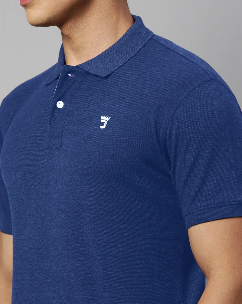 Joven Men Cobalt Blue Solid Polo Collar Pure Cotton T-Shirt