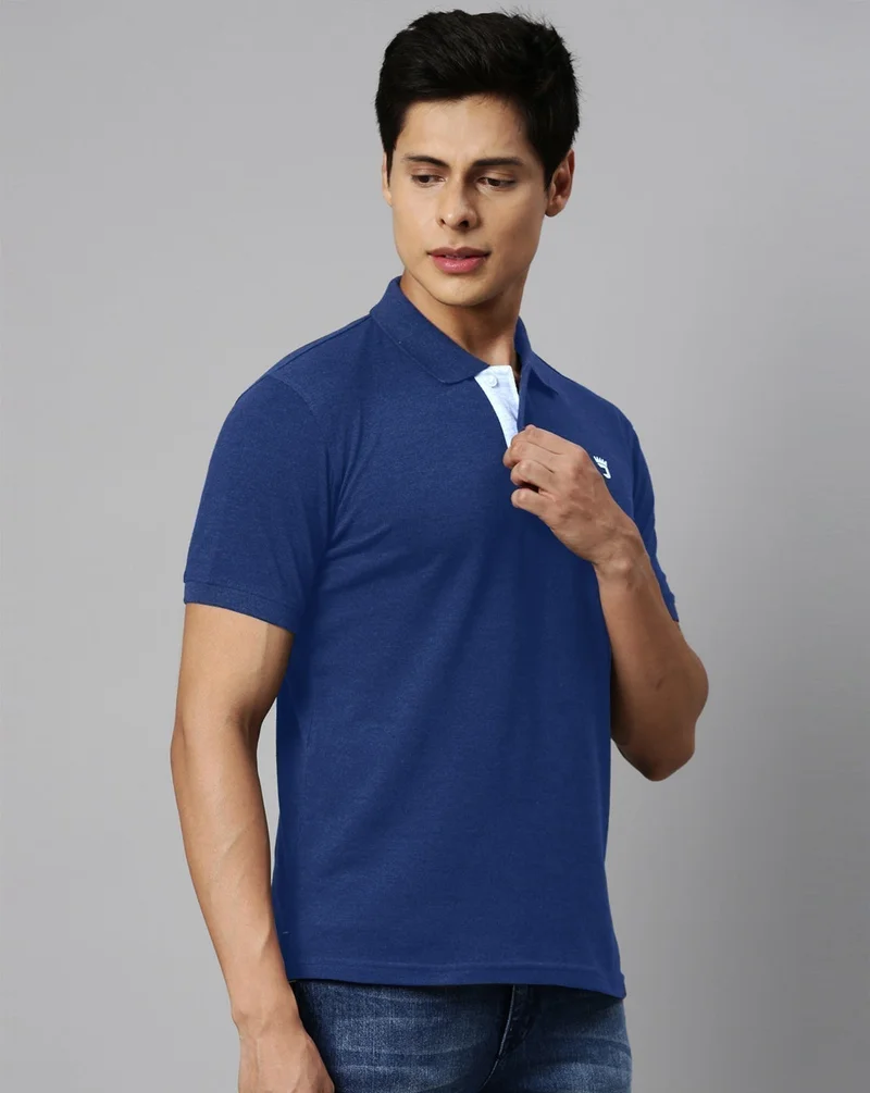 Joven Men Cobalt Blue Solid Polo Collar Pure Cotton T-Shirt
