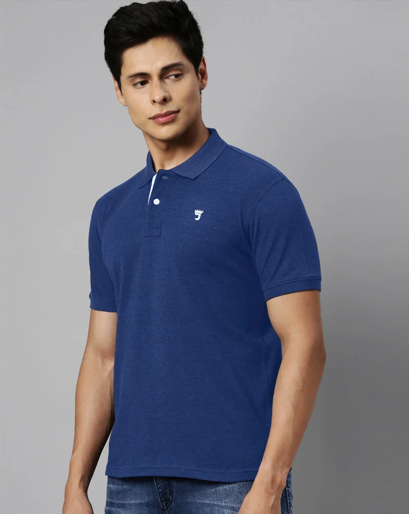 Joven Men Cobalt Blue Solid Polo Collar Pure Cotton T-Shirt