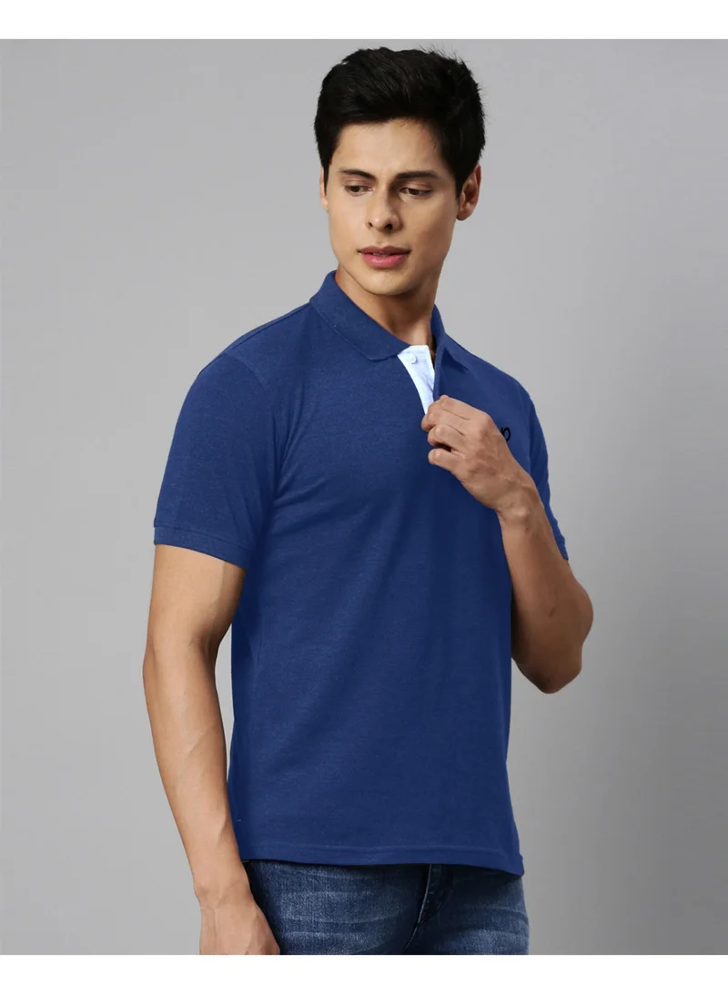Joven Men Cobalt Blue Solid Polo Collar Pure Cotton T-Shirt