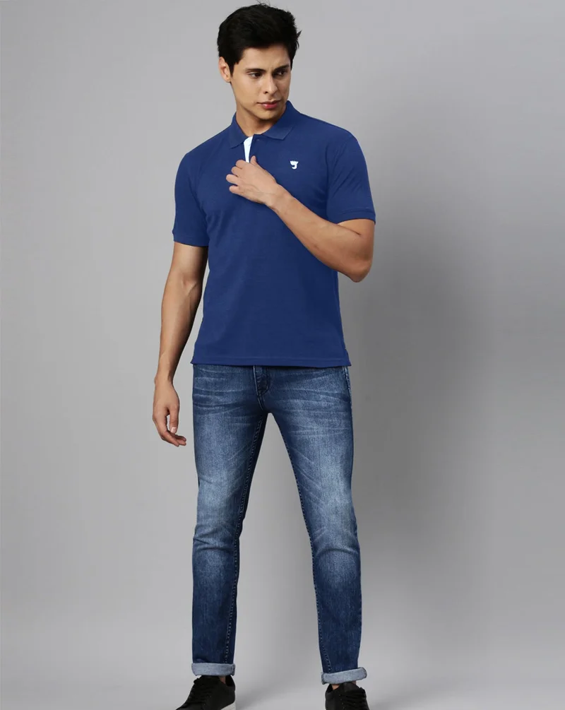 Joven Cobalt Blue Men Cobalt Blue Solid Polo Collar Pure Cotton T-Shirt for Men | Best Price UAE