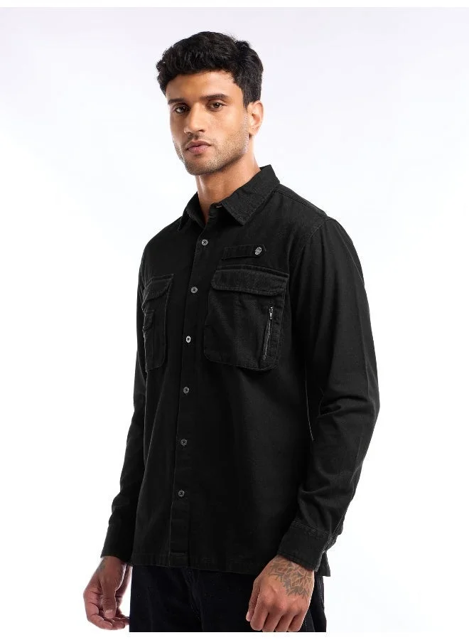 بيونغ قميص رجالي بجيوب عملية باللون الأسود