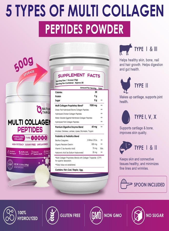 NATURE TARGET Multi Collagen Peptides Powder - Type I, II, III, V, X - Hydrolyzed Collagen Peptides with Vitamin C Hyaluronic Acid, Supports Skin Hair Nail & Joint, Grass-Fed, Non-GMO, 50 Servings - Image 2