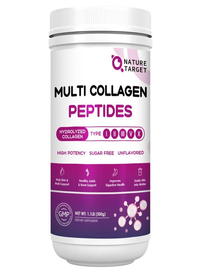 NATURE TARGET Multi Collagen Peptides Powder - Type I, II, III, V, X - Hydrolyzed Collagen Peptides with Vitamin C Hyaluronic Acid, Supports Skin Hair Nail & Joint, Grass-Fed, Non-GMO, 50 Servings - Image 1