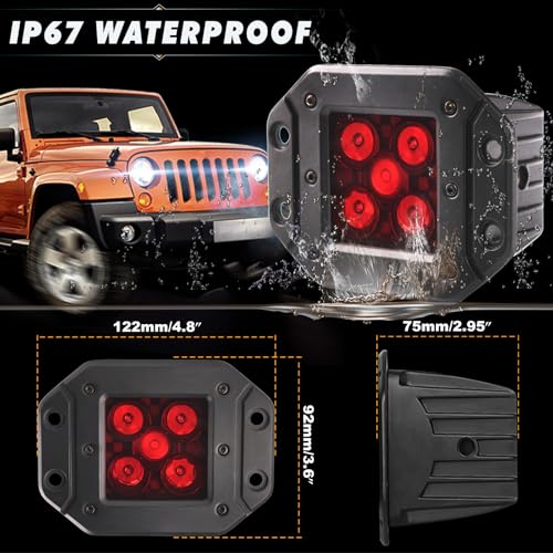 PKEDUO 5inch Cube Flush Mount Light Pods 25W Red Backup Reverse Offroad Driving Light Compatible with SUV ATV UTV Truck Pickup Boat Marine - Image 4