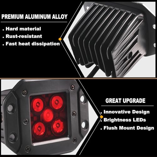 PKEDUO 5inch Cube Flush Mount Light Pods 25W Red Backup Reverse Offroad Driving Light Compatible with SUV ATV UTV Truck Pickup Boat Marine - Image 3
