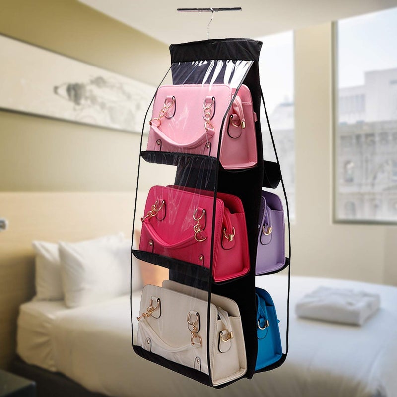 Coolkart 6 Pocket Foldable Hanging Purse Handbag Organizer for Storage Ladies Women Large Clear Hand Bag Storage Organizer Black - Image 3