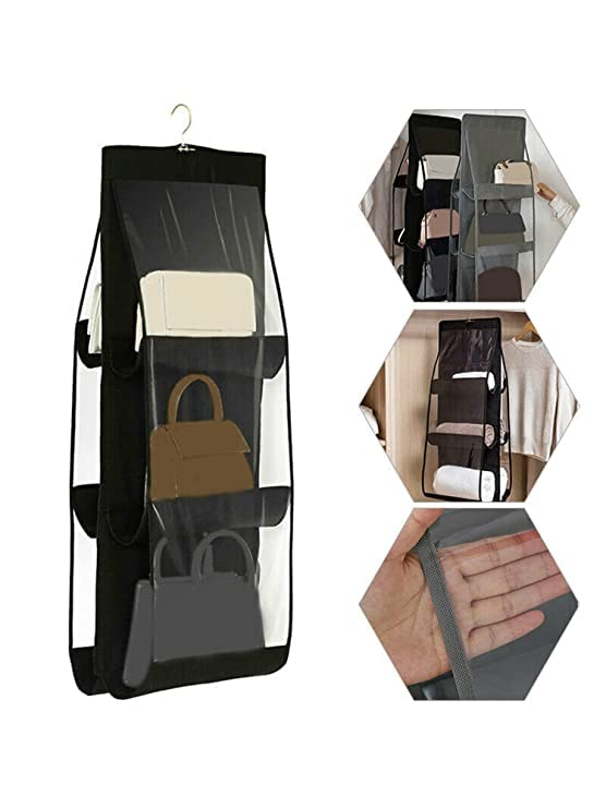 Coolkart 6 Pocket Foldable Hanging Purse Handbag Organizer for Storage Ladies Women Large Clear Hand Bag Storage Organizer Black - Image 4