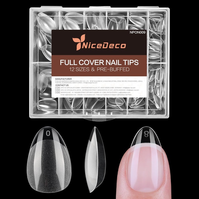 Nicedeco XS Short Almond Nail Tips Press on Nails Clear Full Cover Natural False Nails Gel X Nails for Extensions Acrylic Nails Resin Clear Strong False Nails 12 Sizes 216PCS