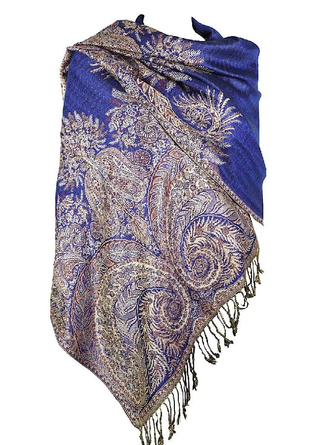 Achillea Luxurious Double Layered Jacquard Big Paisley Pashmina Shawl Wrap Scarf (Royal Blue) - Image 5