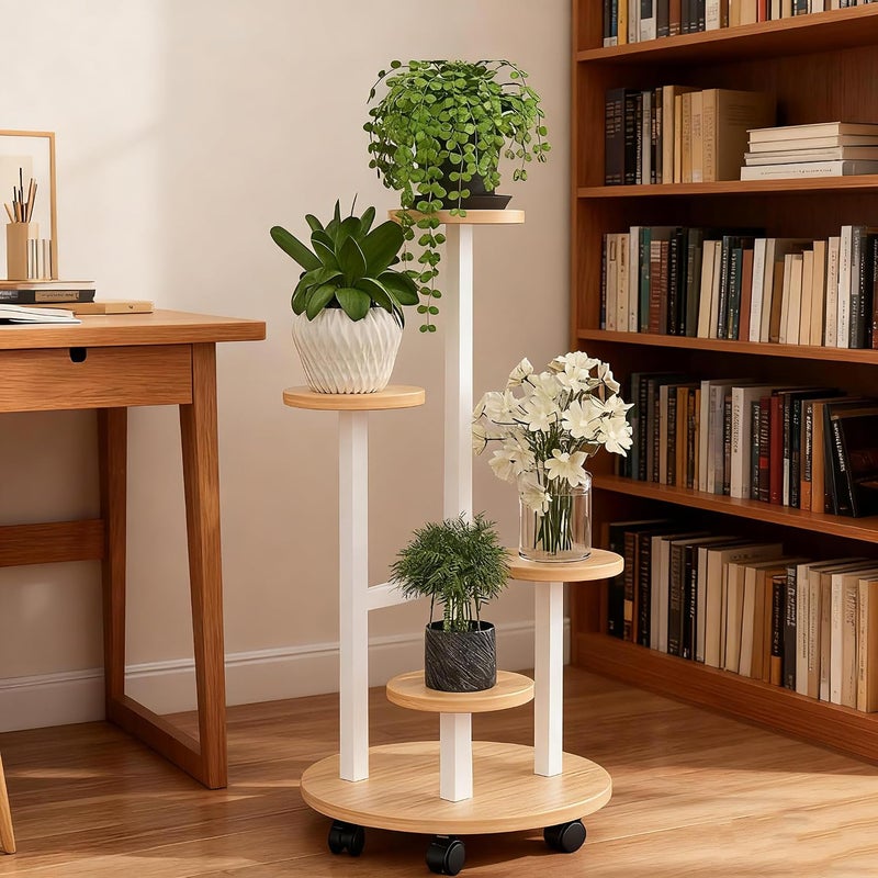 NIUB Plant Stand, 5-Tier Plant Stand with Wheels, 35x35x88cm Modern Staggered Plant Shelf: Space-Saving Heavy-Duty Steel & Wood Flower Rack for Indoor Plants (Living Room/Bedroom/Balcony) (White) - Image 2