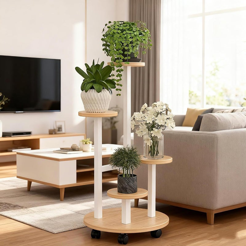NIUB Plant Stand, 5-Tier Plant Stand with Wheels, 35x35x88cm Modern Staggered Plant Shelf: Space-Saving Heavy-Duty Steel & Wood Flower Rack for Indoor Plants (Living Room/Bedroom/Balcony) (White) - Image 3