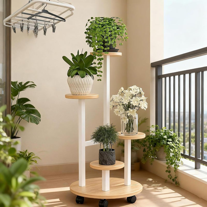 NIUB Plant Stand, 5-Tier Plant Stand with Wheels, 35x35x88cm Modern Staggered Plant Shelf: Space-Saving Heavy-Duty Steel & Wood Flower Rack for Indoor Plants (Living Room/Bedroom/Balcony) (White) - Image 4