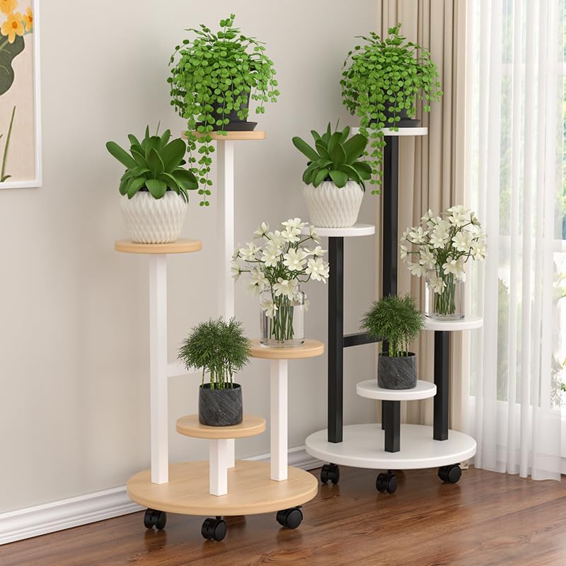 NIUB Plant Stand, 5-Tier Plant Stand with Wheels, 35x35x88cm Modern Staggered Plant Shelf: Space-Saving Heavy-Duty Steel & Wood Flower Rack for Indoor Plants (Living Room/Bedroom/Balcony) (White) - Image 5
