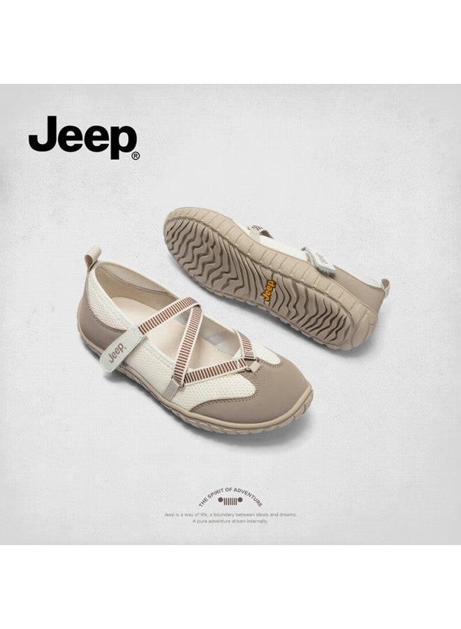 Jeep Retro Mary Jane Women's Shoes New Magic Tape Soft Sole Ballet Flats Breathable Low-cut White Coffee Color Size 35 - Image 4