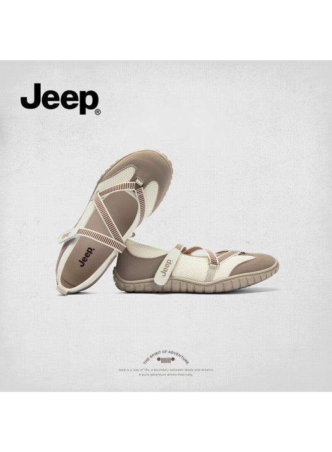 Jeep Retro Mary Jane Women's Shoes New Magic Tape Soft Sole Ballet Flats Breathable Low-cut White Coffee Color Size 35 - Image 3