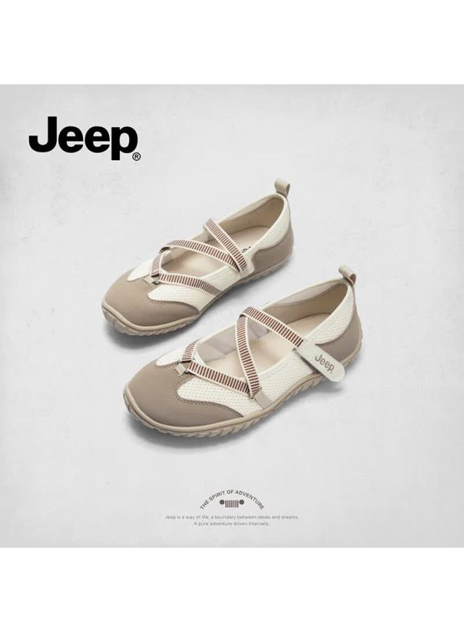 Jeep Retro Mary Jane Women's Shoes New Magic Tape Soft Sole Ballet Flats Breathable Low-cut White Coffee Color Size 35 - Image 5