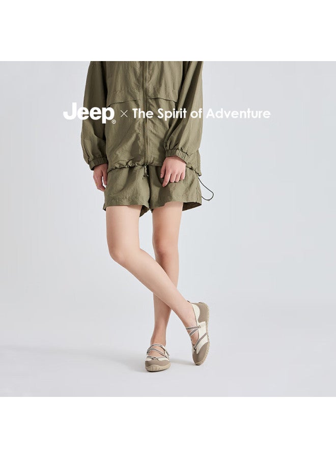 Jeep Retro Mary Jane Women's Shoes New Magic Tape Soft Sole Ballet Flats Breathable Low-cut White Coffee Color Size 35 - Image 1