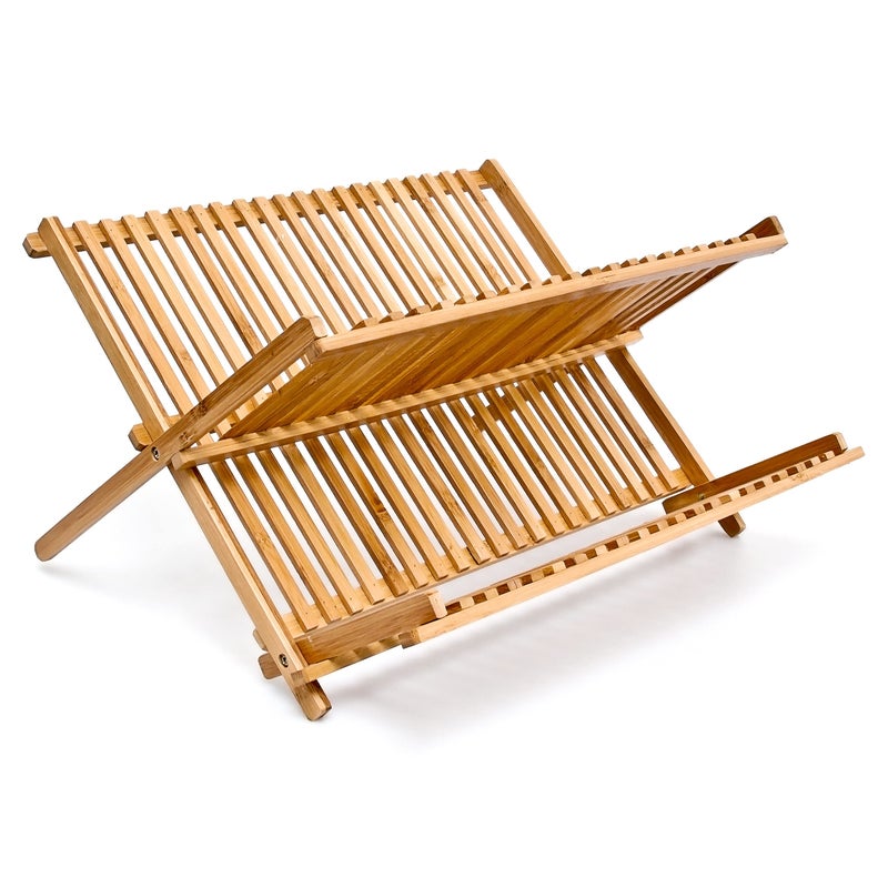 Relaxdays CROSS Dish Rack 245 x 42 x 33 cm Bamboo TwoTier Foldable Drying Rack Natural Brown