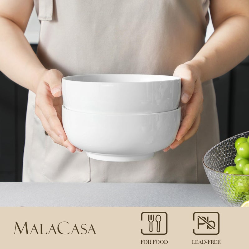 MALACASA Large Serving Bowls - 60 OZ (8"") Salad Bowls Set of 2  White Mixing Bowls for Kitchen  Soup  Pasta and Dinner  Large Salad Bowls Set  Dishwasher & Oven Safe  Series REGULAR - Image 3