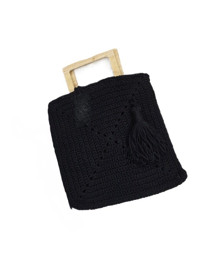 RandSac Black Crochet Tote Top Wooden Handle Handbag - Image 1