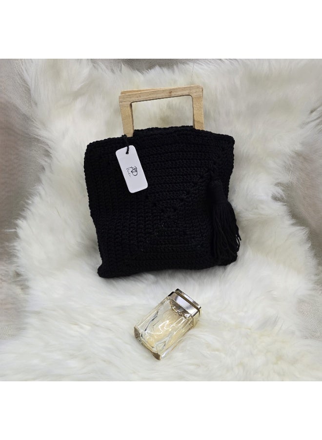 RandSac Black Crochet Tote Top Wooden Handle Handbag - Image 5