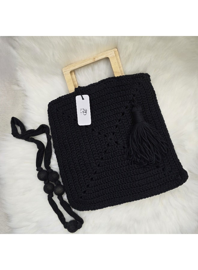 RandSac Black Crochet Tote Top Wooden Handle Handbag - Image 2