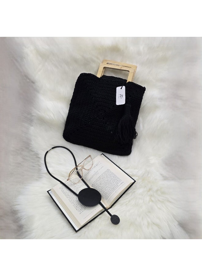 RandSac Black Crochet Tote Top Wooden Handle Handbag - Image 4