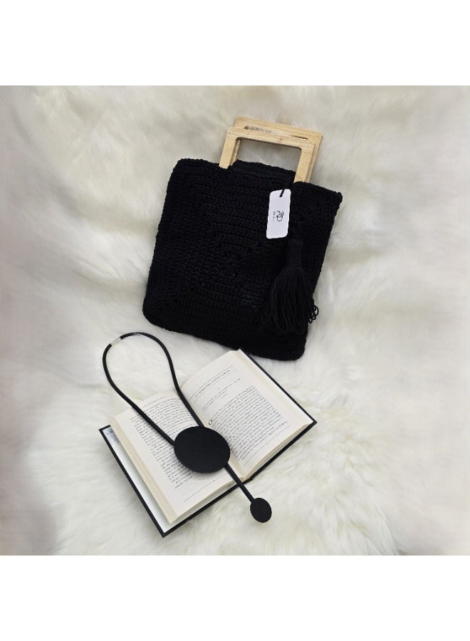 RandSac Black Crochet Tote Top Wooden Handle Handbag - Image 3