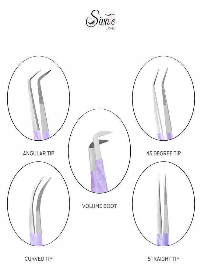 SIVOTE Lash Tweezers for Eyelash Extensions, Pack of 5 Purple - Lash Extension Tweezers Set with Diamond Grip, Precision Fiber Tip for Volume Eyelash Extensions - Image 4