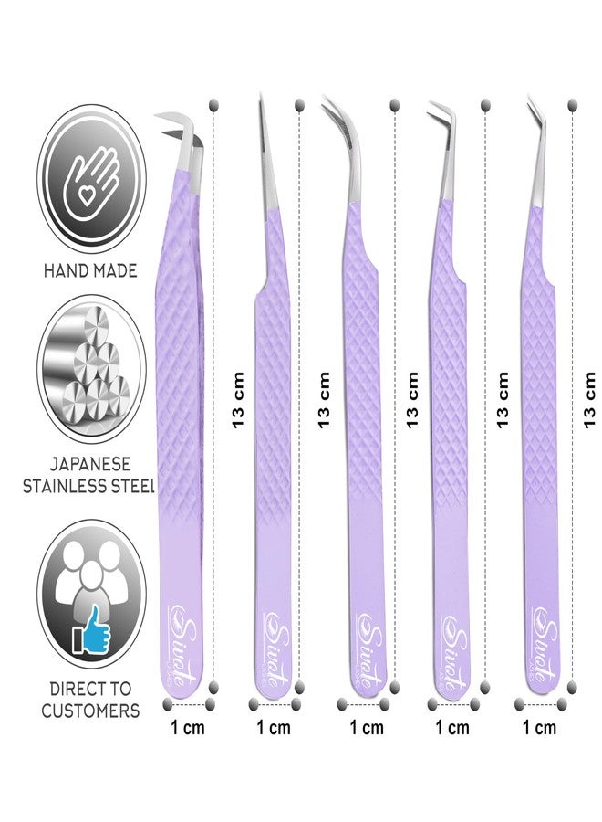 SIVOTE Lash Tweezers for Eyelash Extensions, Pack of 5 Purple - Lash Extension Tweezers Set with Diamond Grip, Precision Fiber Tip for Volume Eyelash Extensions - Image 5