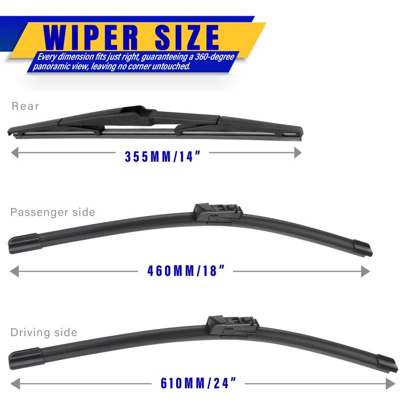 Rooppa 3 wipers Replacement for 2017-2022 Mazda CX-5 2017-2022 Mazda CX-9, Windshield Wiper Blades Original Equipment Replacement - 24"/18"/14" (Set of 3) - Image 2