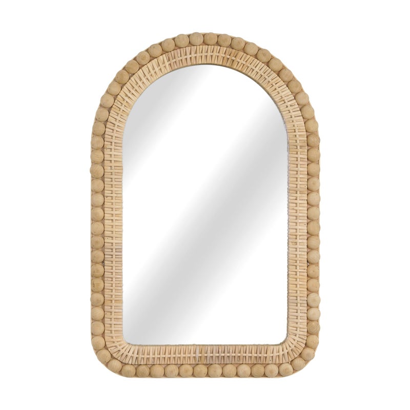 Synovana Arched Rattan Wall Mirror â€“ 16x24 Inch Boho Elegance with Woven Frame and Wooden Bead Trim, Decorative Mirror for Bathroom Vanity Entryway Living Room - Image 1