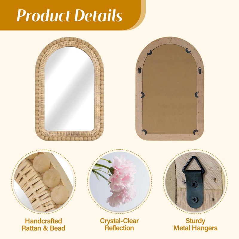 Synovana Arched Rattan Wall Mirror â€“ 16x24 Inch Boho Elegance with Woven Frame and Wooden Bead Trim, Decorative Mirror for Bathroom Vanity Entryway Living Room - Image 2