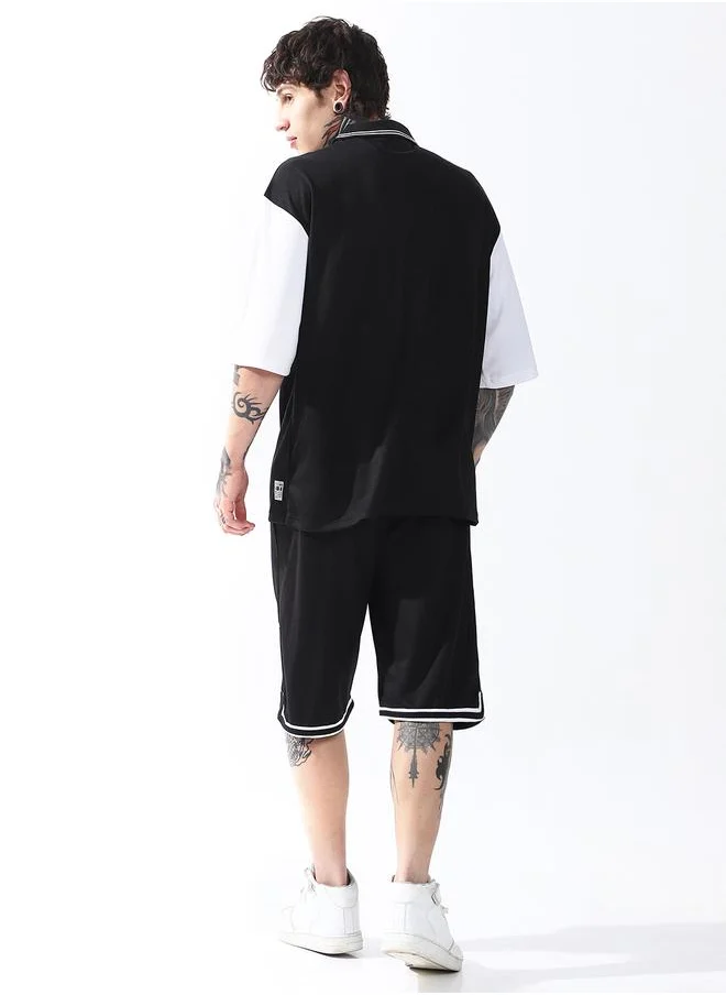 هوبرهولمي Men's Black 100% Polyester Printed Cropped Bermuda Longline Oversized Co-Ords