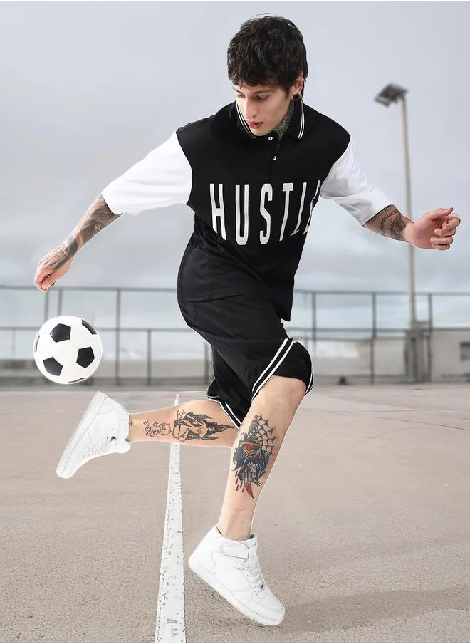 هوبرهولمي Men's Black 100% Polyester Printed Cropped Bermuda Longline Oversized Co-Ords