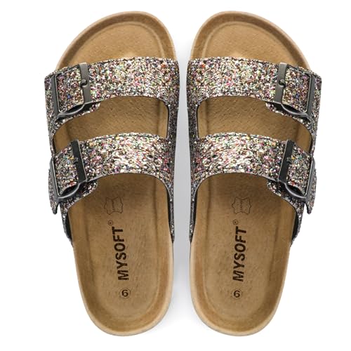 mysoft Womens Flat Sandals Cork Footbed Slides 2 Straps Adjustable Buckle Slip On Summer with +Comfort Shoes - Image 2