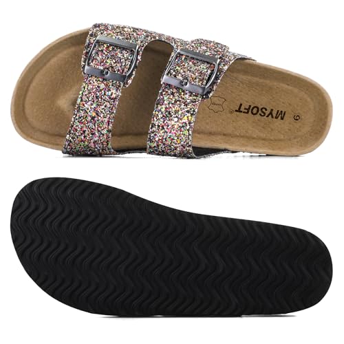 mysoft Womens Flat Sandals Cork Footbed Slides 2 Straps Adjustable Buckle Slip On Summer with +Comfort Shoes - Image 3